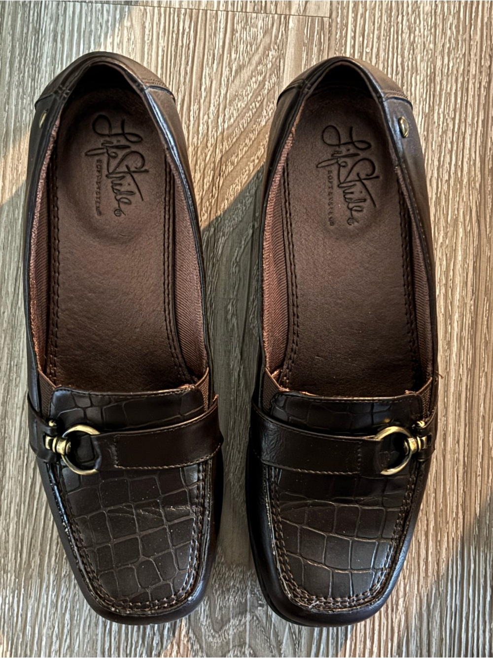 Life Stride Women’s Dark Brown Croc-Embossed Slip-On Loafers with Gold Bit